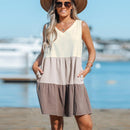 Colorblock Tiered Hem Mini Dress For Women Sexy V-neck Sleeveless Holiday Loose Straight Dress 2023 Summer Female Dress, ibuyxi.com