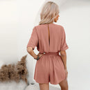 Black Belted Backless Romper For Women Sexy Boat Neck Short Sleeve Short Playsuit 2023 Spring Summer Bodysuit Jumpsuit Overalls, ibuyxi.com