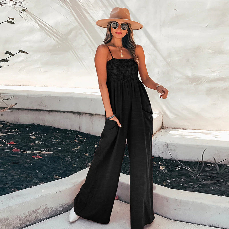 Square Neck Thin Straps Wide Leg Pants Smocking Jumpsuit iBuyXi