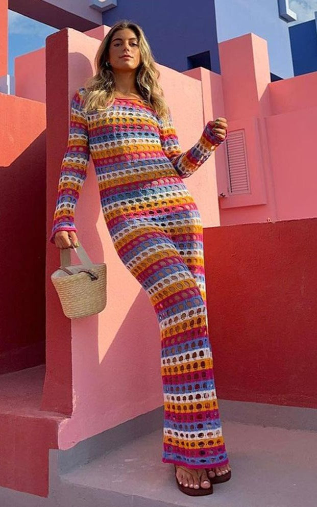 Long Sleeve Contrast Hollow Knit Maxi Dress