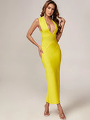 Elegant Yellow Deep V Neck Bandage Dress, ibuyxi.com