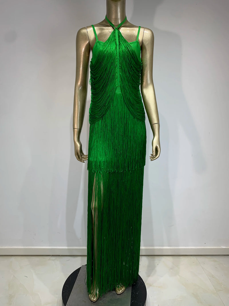 Backless Tassel Green Maxi Dress