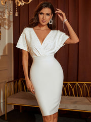 White V Neck Short Sleeve Pearl Studded Mini Dress - view 2