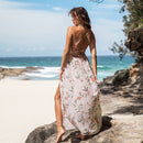 Floral Print Pleated Maxi Dress For Women Sexy V-neck Backless Long Beach Holiday A-line Split Dress 2023 Summer Sundress, ibuyxi.com