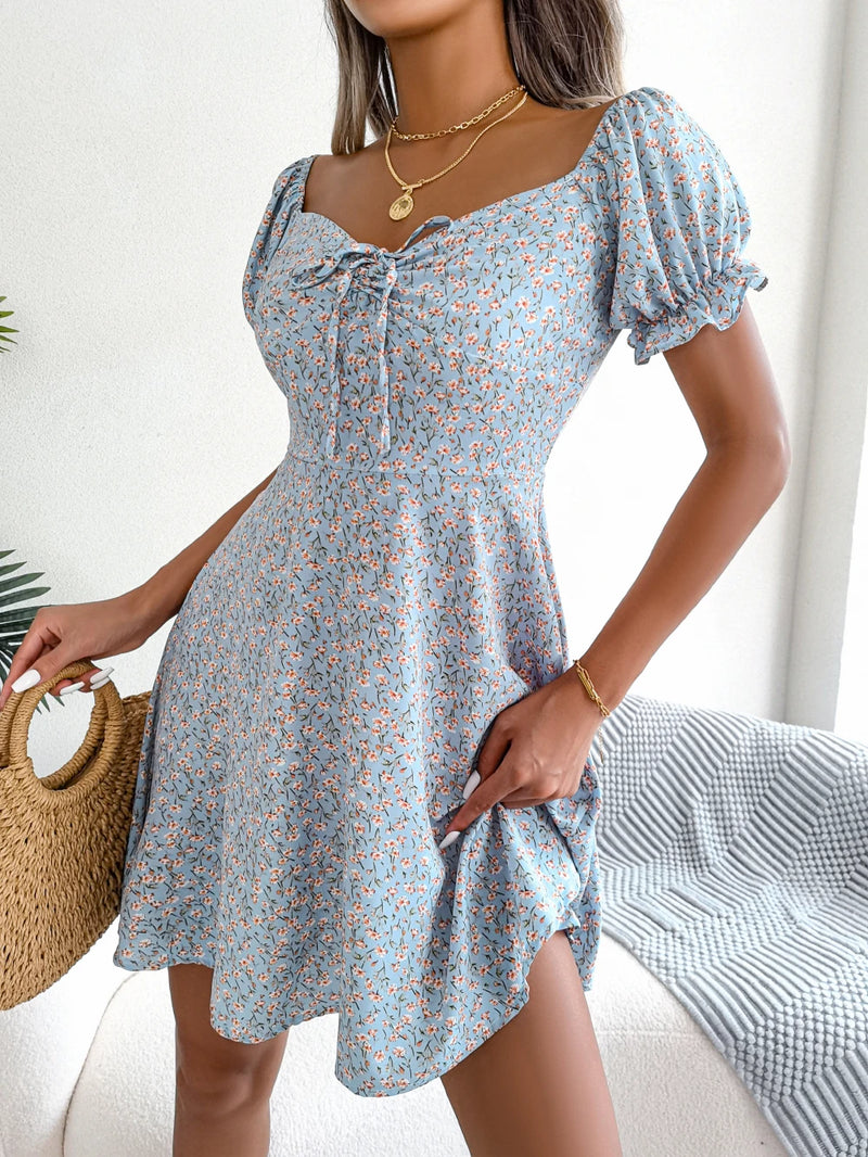 Ruffles Short Sleeve Floral Print A Line Dress