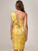 Yellow Jacquard One-Shoulder Ruffle Bodycon Party Dress