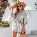 Striped Belted Surplice Neck Romper For Women Sexy Dolman Sleeve Short Playsuit One-piece 2023 Bodysuit Jumpsuit Overalls, ibuyxi.com