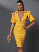 Draped Deep V Neck Yellow Bodycon Outfit, ibuyxi.com
