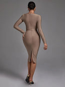 Khaki Long Sleeve Bandage Evening Dress