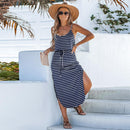 Navy Striped Drawstring Waist Maxi Dress For Women Sexy Scoop Neck Holiday Loose Casual A-line Dress 2023 Summer Female Sundress, ibuyxi.com
