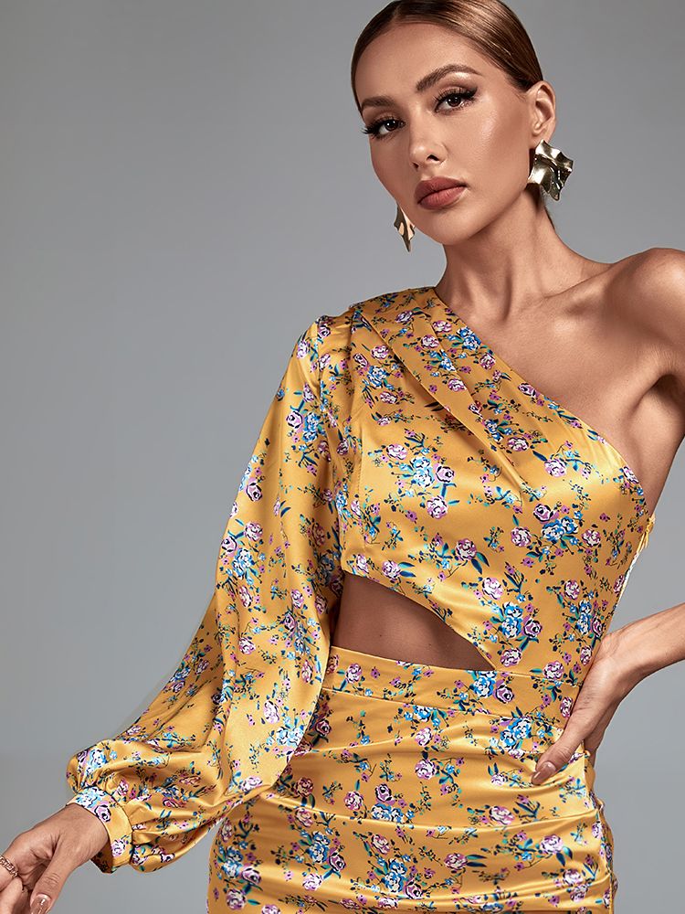Floral Print Luxury One Shoulder Long Outfit, ibuyxi.com