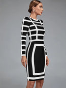 Elegant Black And White Long Sleeve Midi Dress, iBuyxi.com