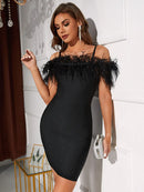 Black Feather Off Shoulder Mini Bodycon Dress, ibuyxi.com