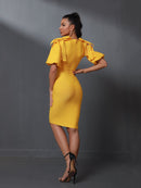 Draped Deep V Neck Yellow Bodycon Outfit, ibuyxi.com