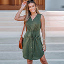 Drawstring Button Front V-neck Sleeveless A-Line Mini Dress, ibuyxi.com