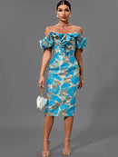 Blue Jacquard Bandage Midi Bodycon Dress, ibuyxi.com