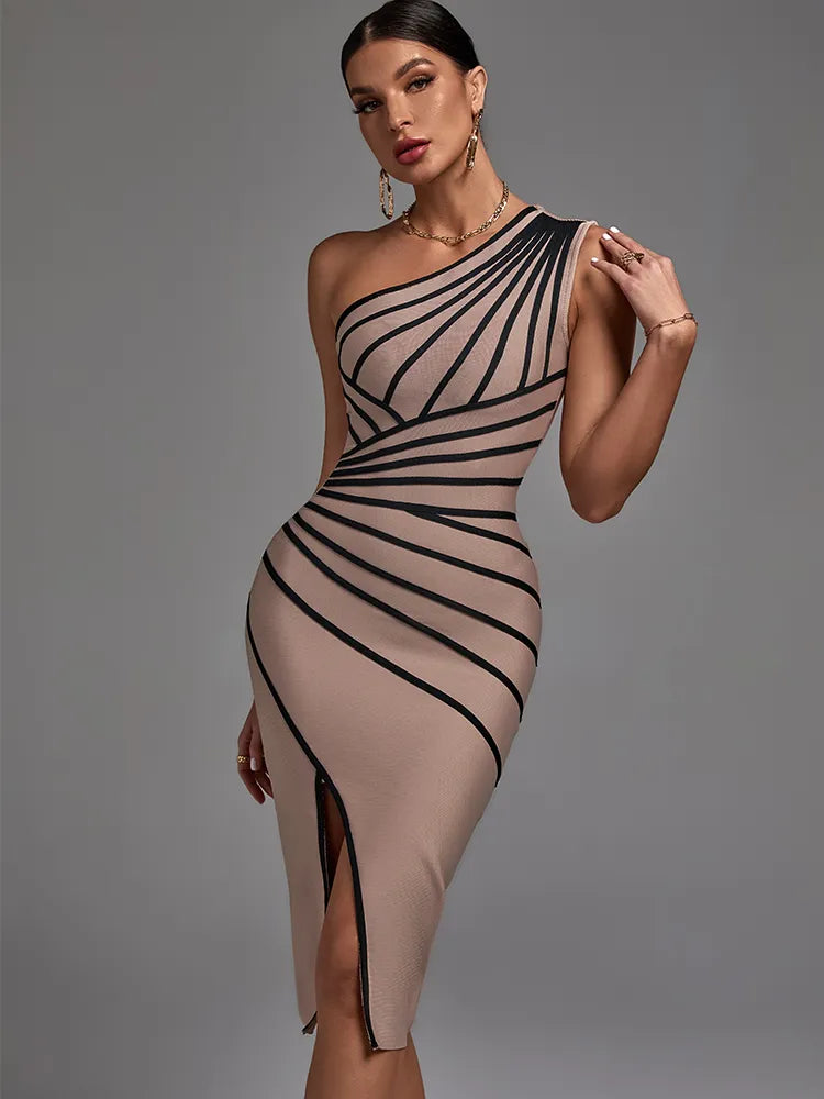 Khaki One Shoulder Split Midi Dress