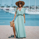 Orange Surplice Ruched Maxi Dress For Women Sexy Elasticized Waist Short Sleeve Long A-line Beach Dress 2023 Summer Sundress, ibuyxi.com