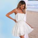 White Floral Jacquard Ruffled Mini Dress For Women Sexy Cami Straps Sleeveless Party A-line Dress 2023 Summer Female Dress, ibuyxi.com