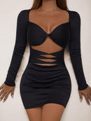Hollow Out Ruched Strapless Full Sleeve Bodycon Party Mini Dress, ibuyxi.com