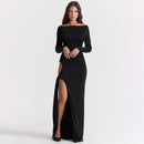 Hollow Out Slash Neck Split Off-Shoulder Full Sleeve Bodycon Maxi Dress, ibuyxi.com