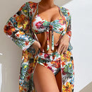 Floral Printed Three Piece Swimsuit Bikini Set, ibuyxi.com