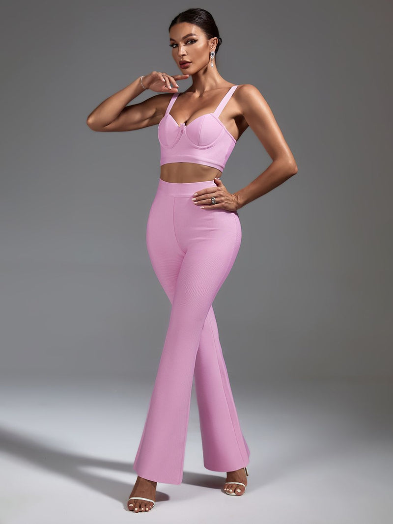 Two Piece Pink Top and Pants with Wide Leg Outfit, ibuyxi.com