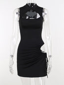Black Sleeveless Drawstring Mini Dress Vestidos, ibuyxi.com