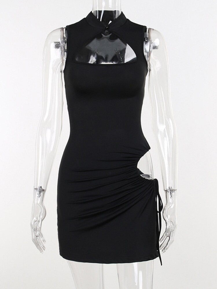 Black Sleeveless Drawstring Mini Dress Vestidos, ibuyxi.com