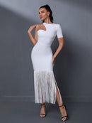 Ruffled White Long Bodycon Tassel Outfit, ibuyxi.com