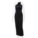 Black Floral Applique Maxi Dress With Sleeveless Design - view 7