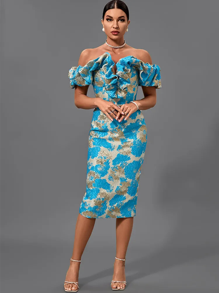 Blue Jacquard Bandage Midi Bodycon Dress, ibuyxi.com
