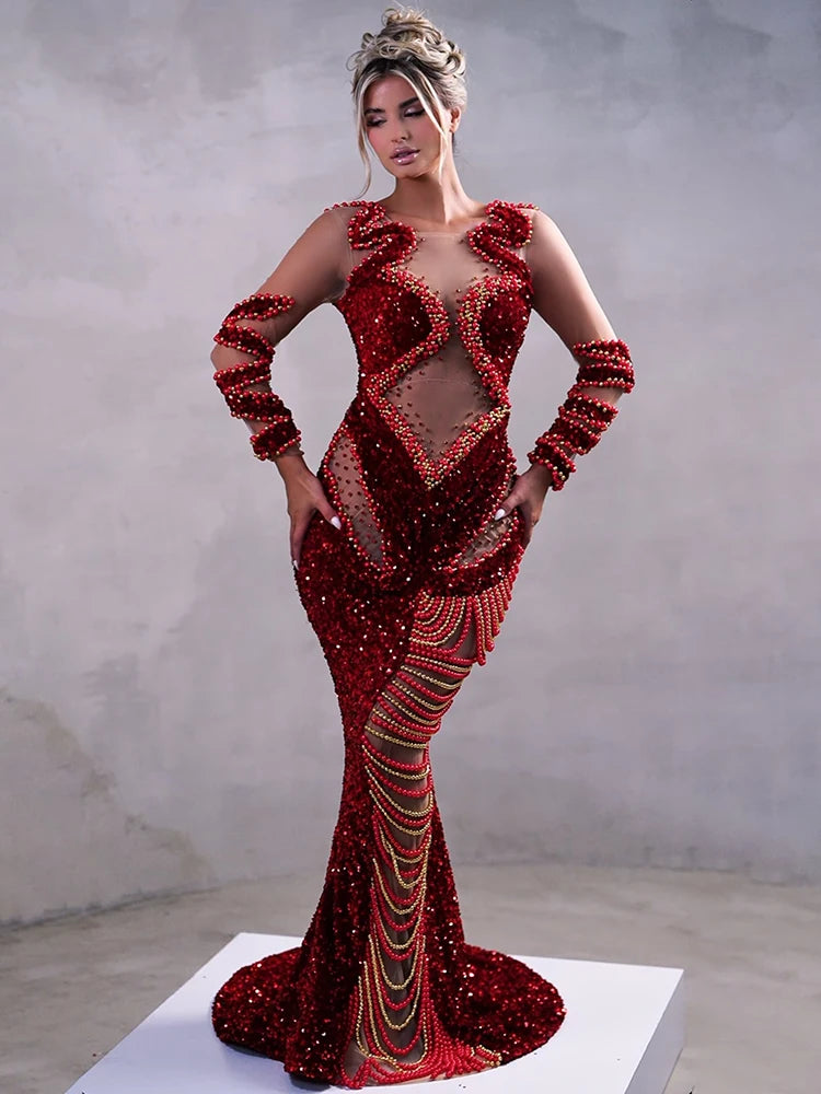Crimson Sparkle Beaded Chain Maxi Dress