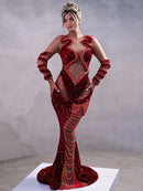 Crimson Sparkle Beaded Chain Maxi Dress