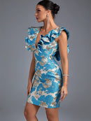 Blue Ruffle Jacquard Dress with Backless Midi, ibuyxi.com