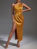 Draped Stain One Shoulder Midi Dress, ibuyxi.com