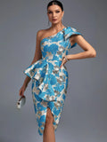 Elegant Blue One Shoulder Midi Bodycon Dress, ibuyxi.com