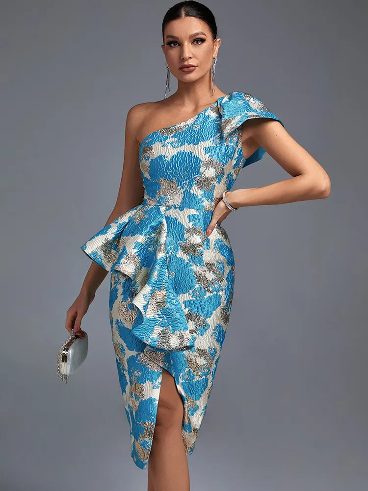 Elegant Blue One Shoulder Midi Bodycon Dress, ibuyxi.com