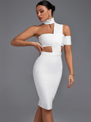 High Neck White Bandage Bodycon Elegant Outfit, ibuyxi.com