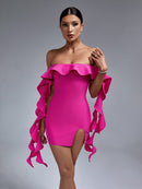 Gorgeous Ruffles Pink Off Shoulder Bodycon Dress, ibuyxi.com