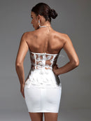 White Bodycon Feather Mini Strapless Dress, ibuyxi.com