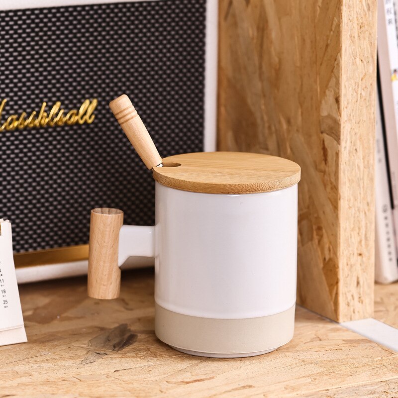 360ml Wooden Handle Mug Ceramic Cup with Lid, ibuyxi.com