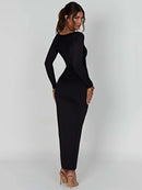 Long Sleeve Ruched High Split Maxi Bodycon Dress, ibuyxi.com