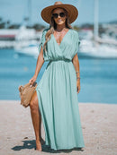 Orange Surplice Ruched Maxi Dress For Women Sexy Elasticized Waist Short Sleeve Long A-line Beach Dress 2023 Summer Sundress, ibuyxi.com
