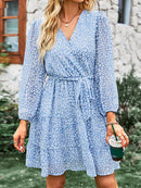 Blue Leopard Print V-neck Chiffon Mini Dress For Women Sexy Lace Up Short Sleeve A-line Dress 2023 Summer Female Dress, ibuyxi.com