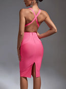 Elegant Pink Backless Midi Bodycon Dress, ibuyxi.com