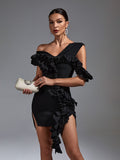 Black Ruffle One Shoulder Bodycon Dress, ibuyxi.com