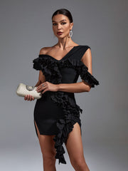 Black Ruffle One Shoulder Bodycon Dress