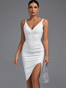 White Spaghetti Strap Draped Bodycon Dress, iBuyxi.com