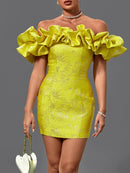 High Quality Yellow Jacquard Ruffle Mini Dress. ibuyxi.com